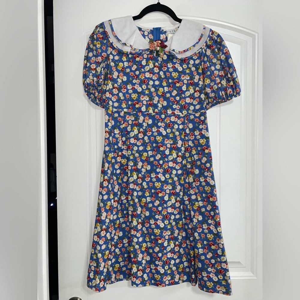 Vintage Ruth of‎ Carolina Floral Blue Childs Dress with White Collar